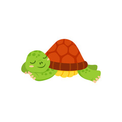 Cute friendly aquatic and terrestrial reptilian dreaming resting or sleeping. Vector adorable sea or land dwelling reptile, funny kids turtle toy. Cartoon smiling turtle, funny little animal on rest