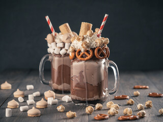 Close up view of two freakshake in mason jar on brown table. Freaked milkshake with chocolate,...