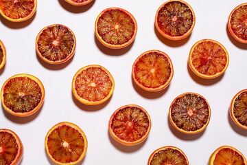 Fototapeta na wymiar Many ripe sicilian oranges on white background, flat lay