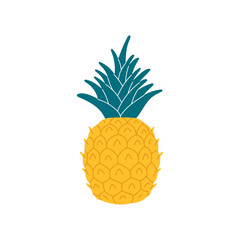 Ananas or pineapple tropical fruit isolated flat cartoon style icon. Vector exotic pineapple with bunch of leaves, tropical food snack. Summer juicy vegetarian ripe organic dessert, whole ananas - obrazy, fototapety, plakaty