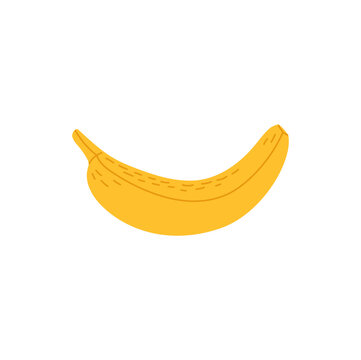 Yellow ripe banana in peel isolated flat cartoon style icon. Vector juicy nutrition banana, healthy organic eating, tasty summer snack. Whole exotic tropical palm fruit, vegetarian food dessert