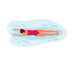 cute girl swim under water on summer holiday isolatted on white. woman swimmer in red swimsuit and goggles. vector cartoon flat