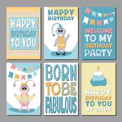 Birthday cards set. Characters, lettering. English language. Cartoon style. Vector illustration. Blue, pink, yellow. Colored background.Greeting cards. Party decoration. Polka dot, lines, inscription.