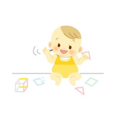 イラスト素材:マグネットパズルの破損で内蔵のネオジム磁石を幼児が誤飲する場面胃や腸に穴が開く事故
