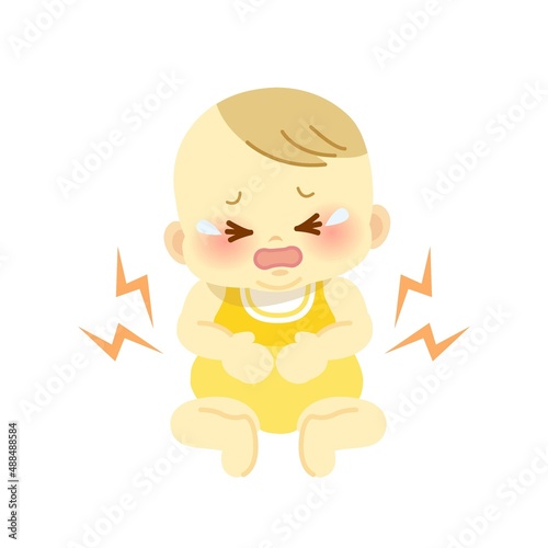 イラスト素材 誤飲や腹痛で痛がってお腹を押さえて赤い顔をして泣く赤ちゃん Abdominal Pain Poster Abdominal Pa Kuroshimaharu