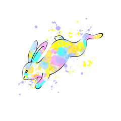 Happy Easter Rabbit as design element. Hand drawn sketch style. Colorful splash background. 