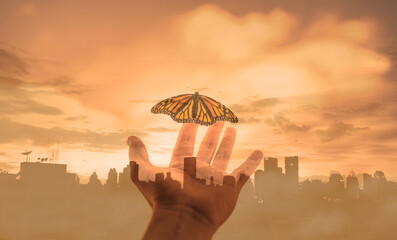 Hand releasing butterfly in the city.  New beginnings, freedom and breaking free concept. 