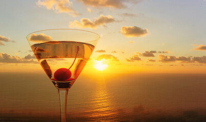 Martini drink against a beautiful ocean sunset.