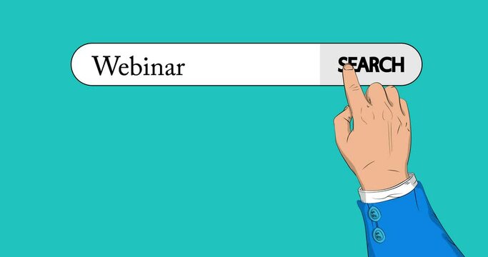 Virtual search bar with the text Webinar . Businessman pushing his right hand index finger to touch a search icon. 4k Comic Book style animation.