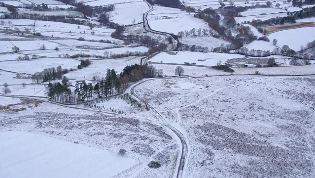 North York Moors winter landscape aerial drone reveal from close to Castleton towards Westerdale - winter cold and snowy
