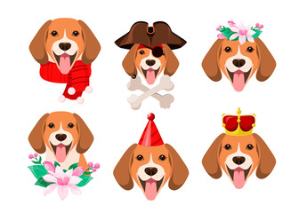 A set of funny beagle dogs on a white background. Cartoon design. Vector illustration.
