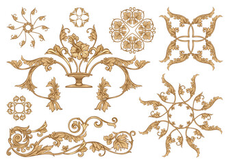 Classical luxury old fashioned royal baroque, historical ornament with lilies, victorian floral Clip art, set of elements for design Vector illustration. - obrazy, fototapety, plakaty