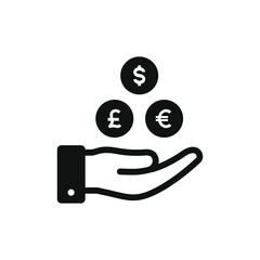 Three coins on hand. Currency, money exchange, income, earnings, salary icon design isolated. Vector illustration