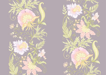 Fantasy flowers in retro, vintage, jacobean embroidery style. Seamless pattern, background. Vector illustration.