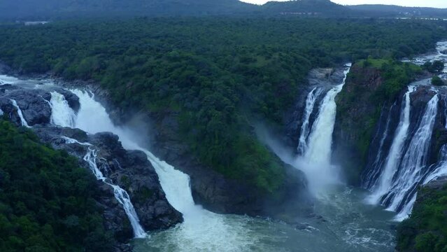 Waterfalls Aerial View - Scenic Tropical Jungle Waterfalls - Shivanasamudra India