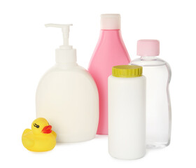 Set of baby cosmetic products and rubber duck on white background