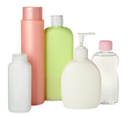 Bottles of baby cosmetic products on white background