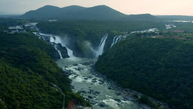 Waterfall Aerial view - Bird's eye view of Huge tropical waterfalls Karnataka India