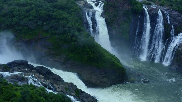 Waterfalls Aerial View - Scenic Tropical Jungle Waterfalls - Shivanasamudra India