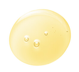 Argan oil serum gel drop texture. Yellow cosmetic liquid with bubbles isolated on white background....