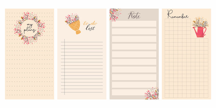 Set of planners and to-do list with spring illustrations, flower arrangements, bouquet. Template for agenda, timetable, planners, checklists, notepads, postcards and other stationery