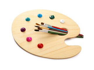 Wooden artist's palette with brushes and samples of paints isolated on white