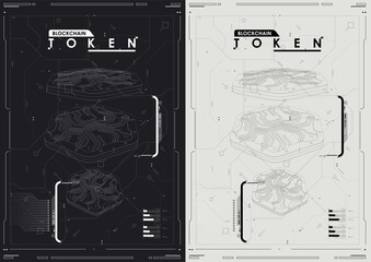 Tech Abstract poster template with HUD elements. cyber culture, Modern flyer for web and print. hacking, Cyberpunk futuristic poster. programming and virtual environments.