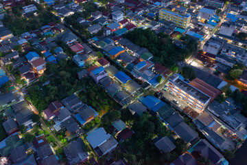 Aerial view of local old residential neighborhood. A village in urban housing development from...