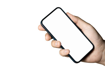 Hand holding a phone with empty white screen on white background