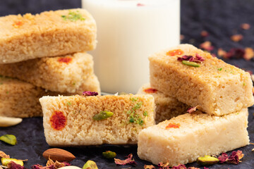 Milkcake Kalakand Burfi Or Alwar Ka Mawa Barfi Mithai Is Made Of Khoya Mawa Malai Badam Khoa Ghee Mava Badaam Kaju Pista Is Enjoyed On Deepawali, Dussehra, Navaratri, Rakshabandhan, Rakhi Janmasthami