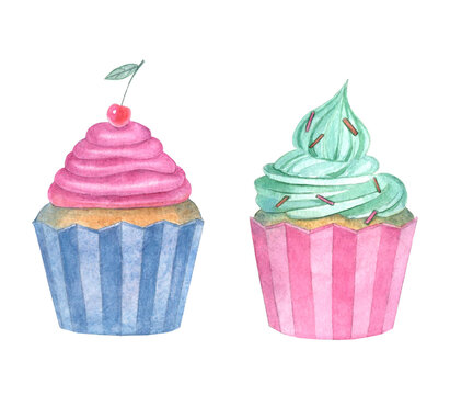 Hand drawn watercolor cupcakes isolated on white background.