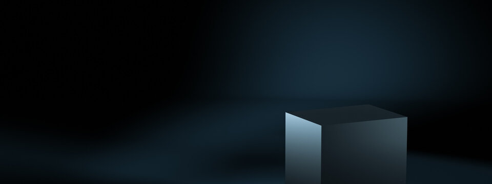 Blank pedestal or platform in cube shape with dark black studio background for product display.