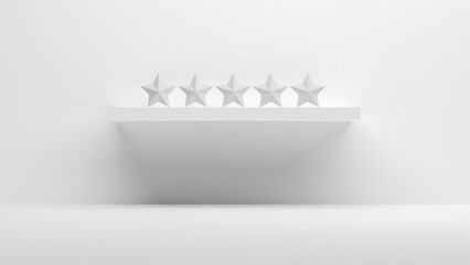 Five stars on a shelf mounted on a white wall. Five star rating customer or client satisfaction concept