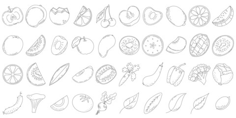 A set of line fruits and vegetables, slices and halves of fruit, leaves and bones. line icons. Vector illustration