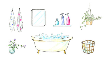 バスルームの水彩イラスト　アナログ手描き