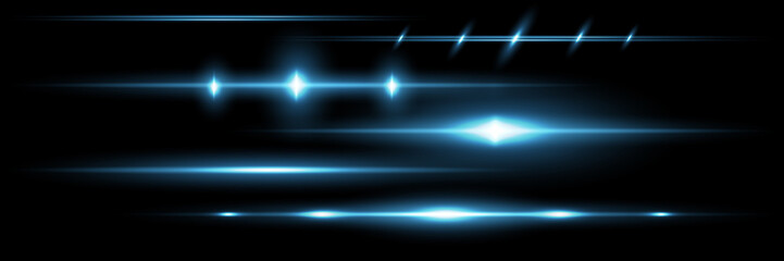 Blue horizontal lens flares pack. Laser beams, horizontal light rays.Beautiful light flares. Glowing streaks on dark background. Luminous abstract sparkling lined background.