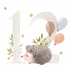 Beautiful stock illustration with watercolor hand drawn number 12 and cute hedgehog animal for baby clip art. Twelve month, years.