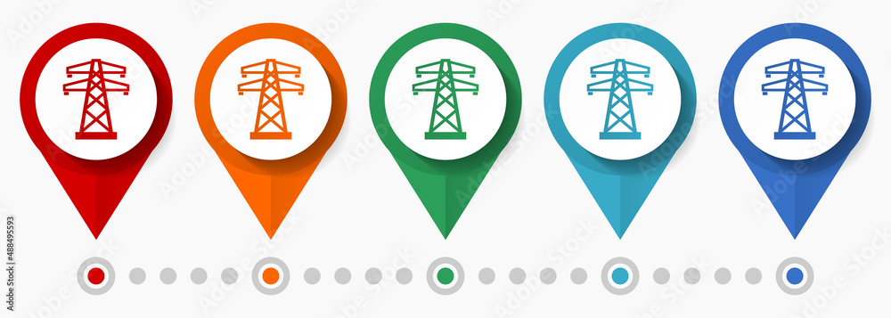 Poster power line concept vector icon set, flat design energy pointers, infographic template easy to edit