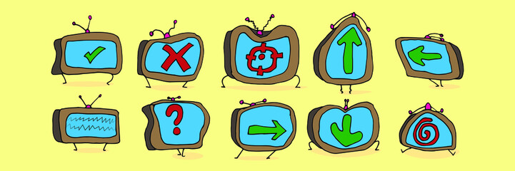 Vector set of televisions with an antenna with different icons on the screens. TVs with different symbols.
