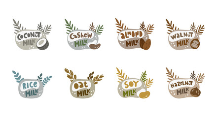 Vegetable milk, color stickers set for packaging design. Almond, coconut, rice, oat and soy drink. Hand drawn lettering with nuts, beans, leaves, sprigs. Sloppy illustration, print, emblem