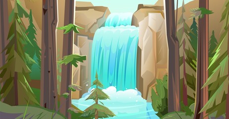 Summer landscape with waterfall among rocks. Cascade shimmers downward. Water flowing. Nice cartoon style. Conifers. Flat design. Vector