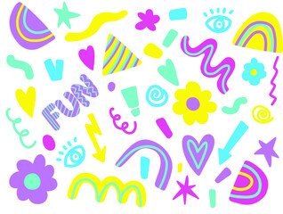 Cute doodle rainbow, flower, scribbles clip art set. Modern vector illustrations. Flat cartoon clipart design in violet, yellow and mint green colors.