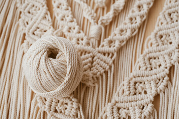 White natural cotton macrame cord in a roll on a handmade wall hanging.