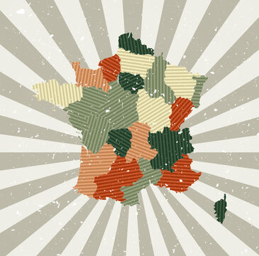 France vintage map. Grunge poster with map of the country in retro color palette. Shape of France with sunburst rays background. Vector illustration.