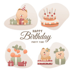 Happy birthday cute dog template design elements for party invitations A brown dog is sitting near a gift box and cake. Paper And Craft Style Vector Illustration