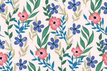 Seamless pattern with wild flowers, herbs, leaves on a light background. Delicate floral print with pastel plants. Gentle flower pattern design. Vector illustration.
