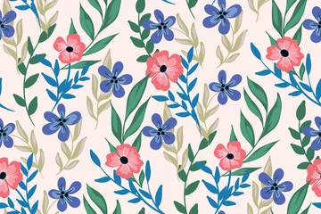 Wallpaper murals Pastel Seamless pattern with wild flowers, herbs, leaves on a light background. Delicate floral print with pastel plants. Gentle flower pattern design. Vector illustration.