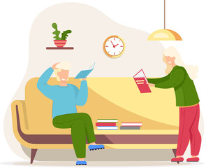Reading people flat character set with books magazines literature isolated vector illustration. Young male and female readers dressed in trendy clothes relaxing at home with books or textbooks