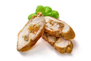 Stuffed baked meatloaf, isolated on white background.