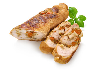 Stuffed baked meatloaf, isolated on white background.